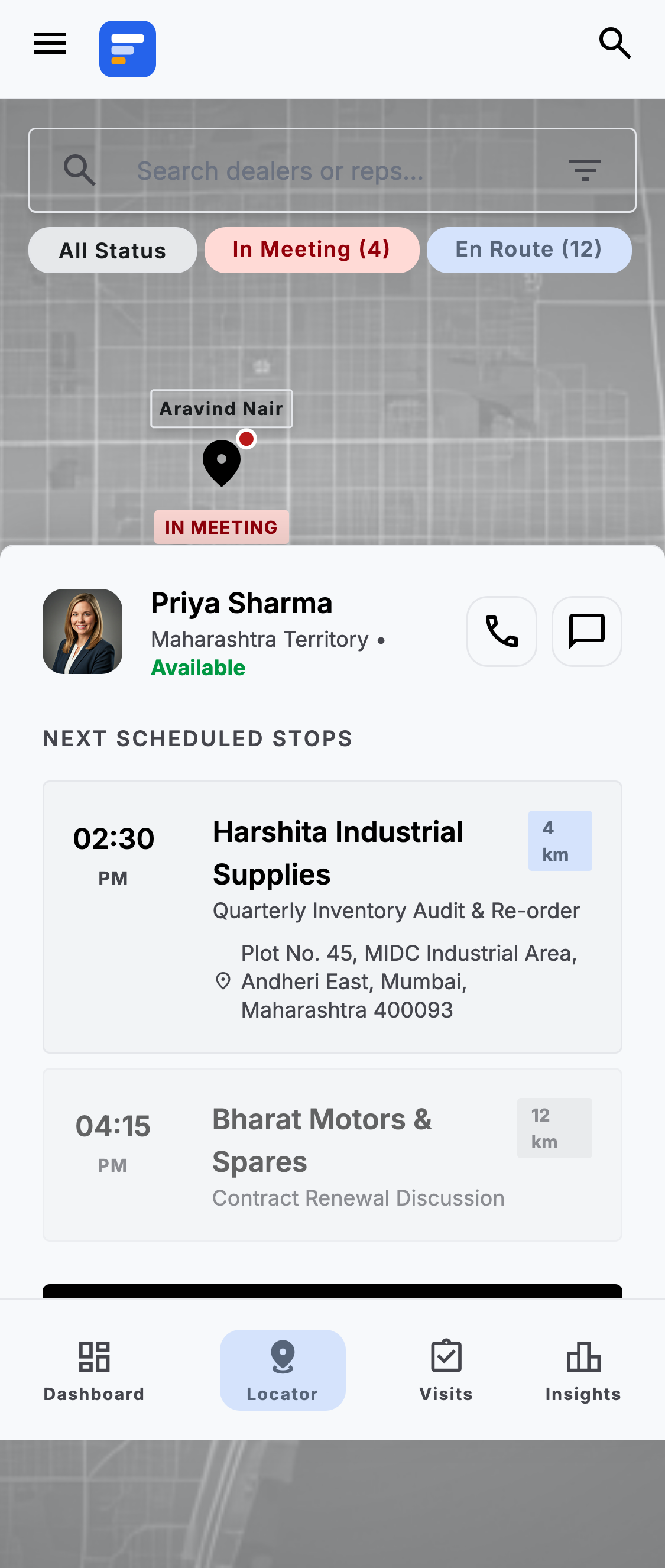 FactoStack field sales mobile app showing GPS field visit tracking