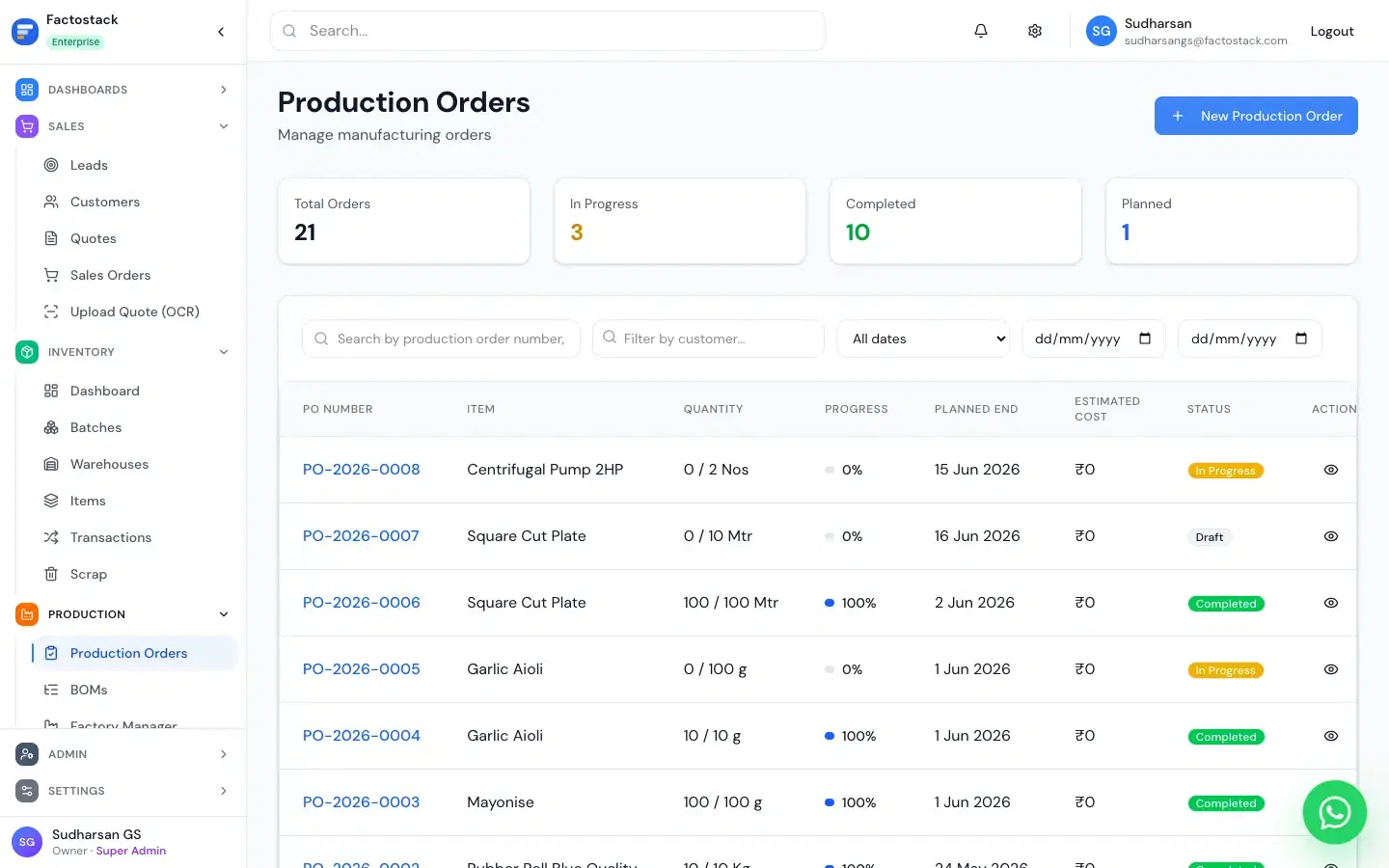 FactoStack Production & MRP product screen