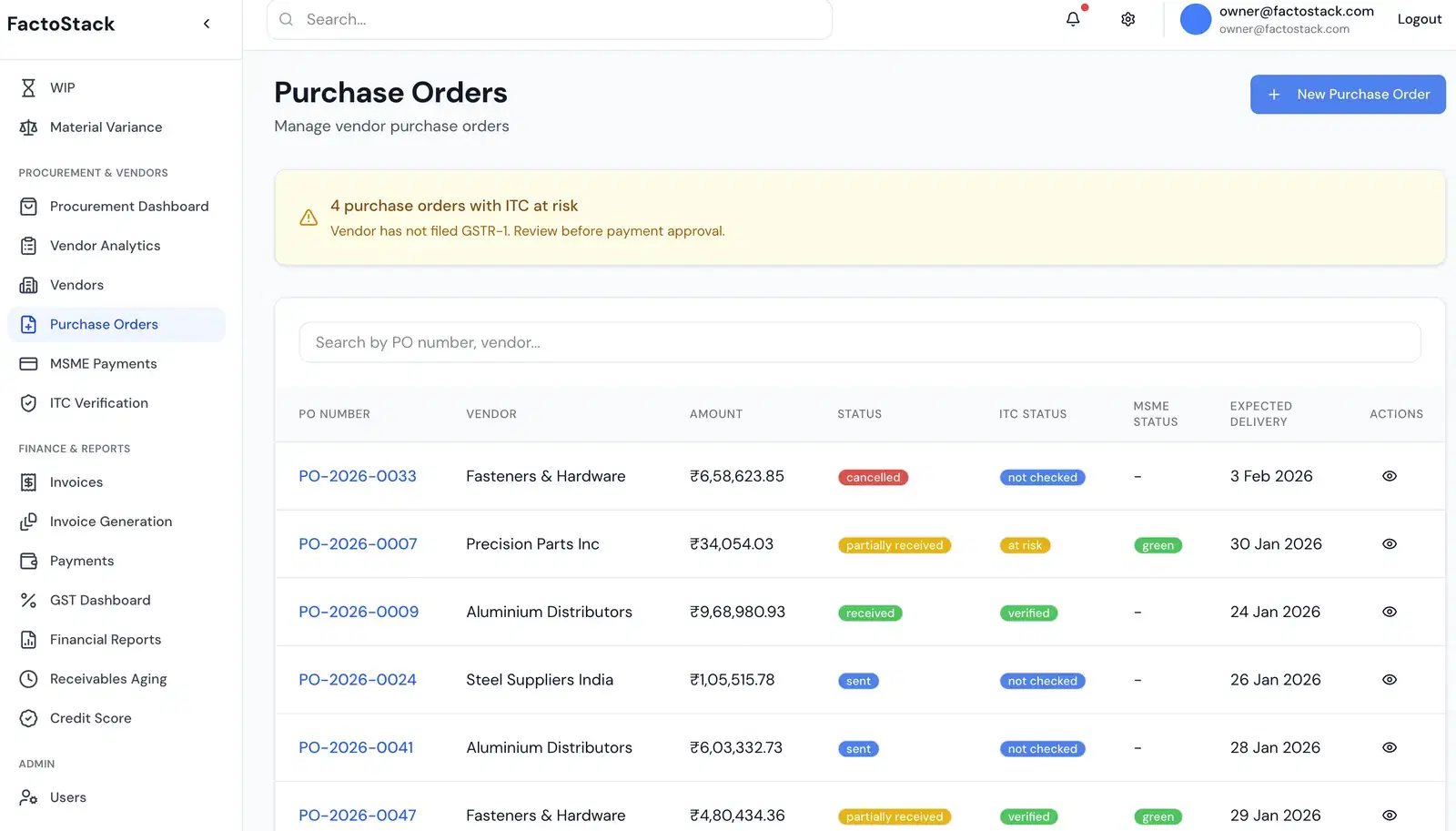 FactoStack Purchases product screen