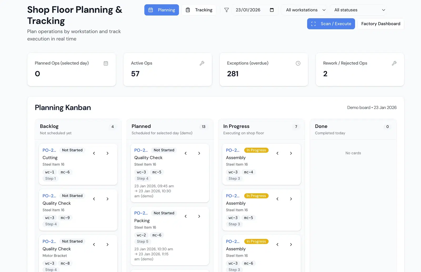 FactoStack shop-floor planning board showing production operations moving from backlog to completion