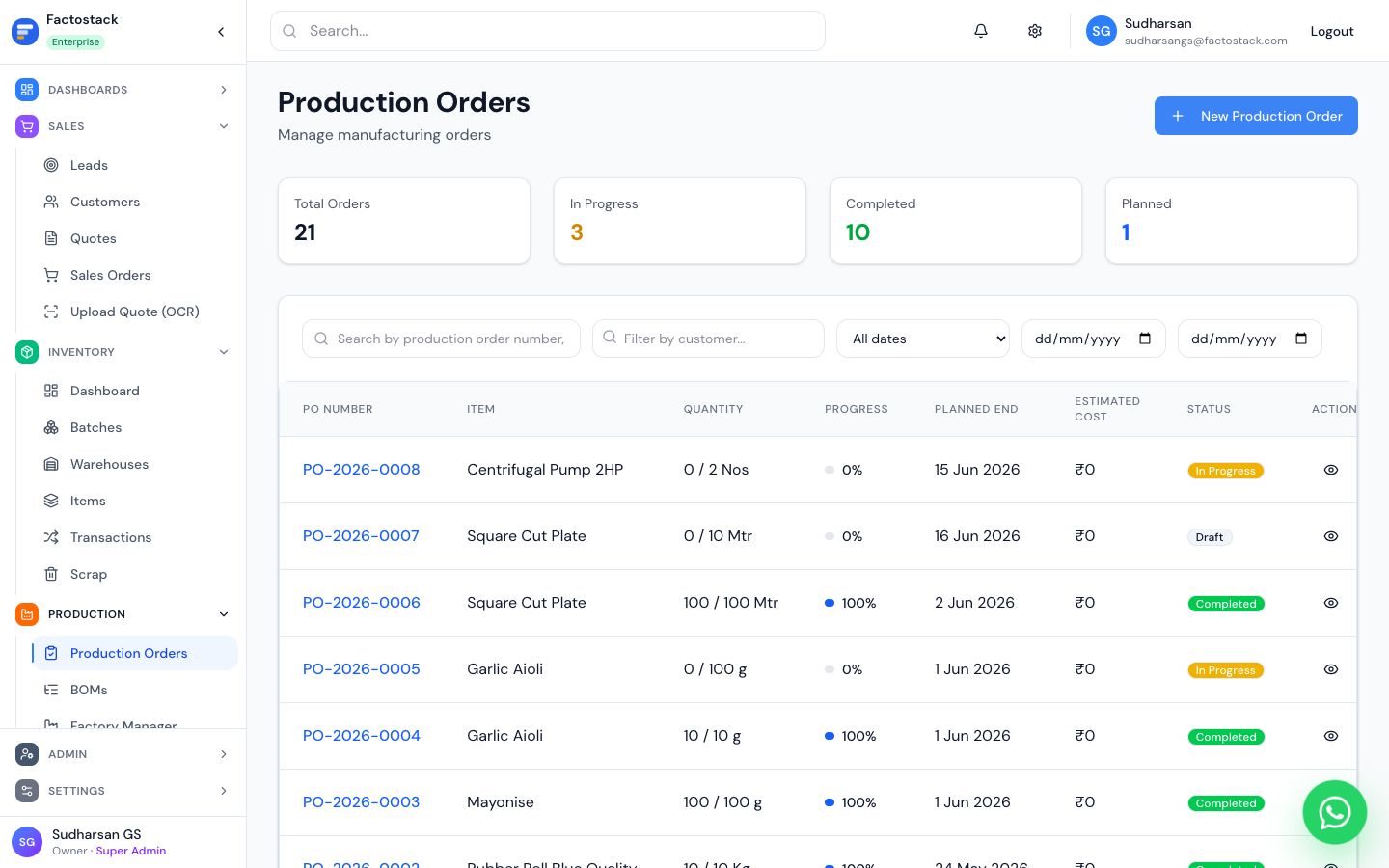 FactoStack Production & MRP product screen